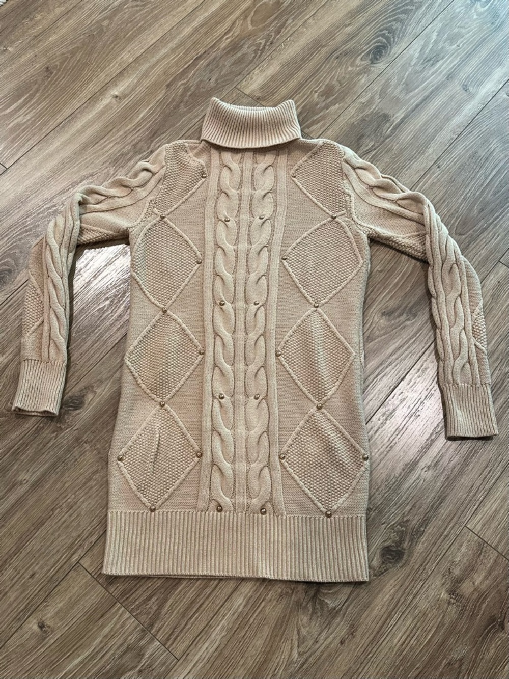 bebe Tan Cable-Knit Turtleneck Sweater Dress